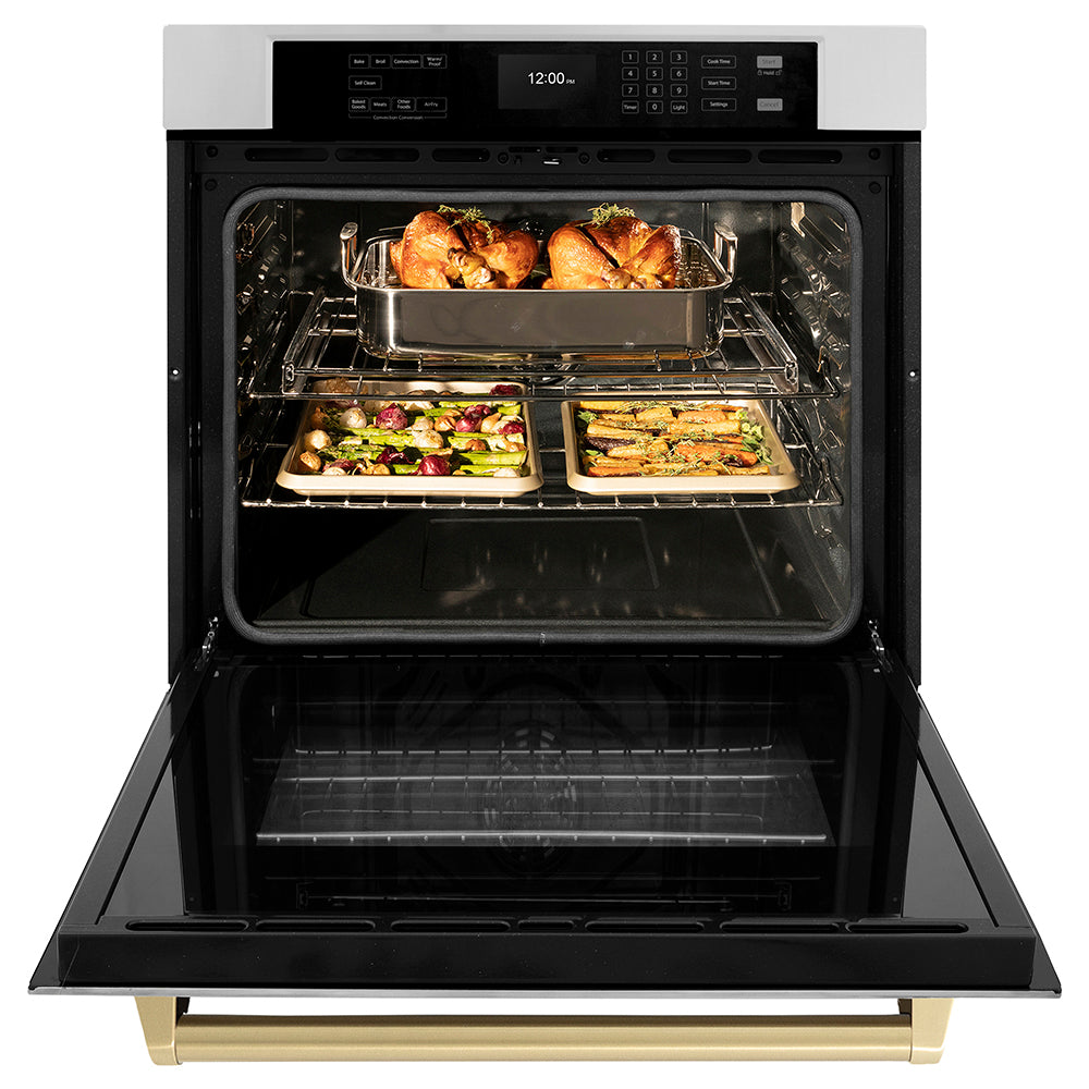 ZLINE Autograph Edition 30 in. Professional True Convection Single Wall Oven with Air Fry and Self Clean in Stainless Steel with Champagne Bronze Handle (WASZ-30-CB) with open door showing roasted turkey and vegetables on multiple racks.