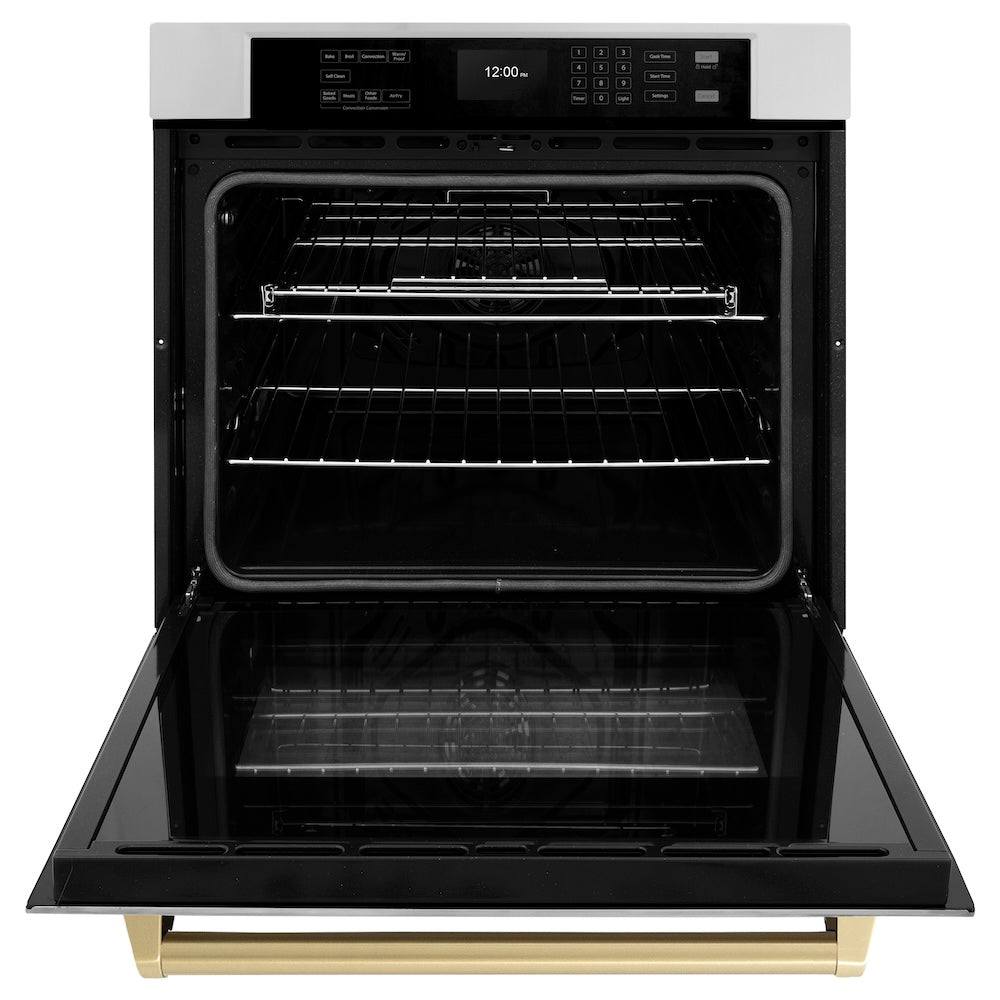 ZLINE Autograph Edition 30 in. Professional True Convection Single Wall Oven with Air Fry and Self Clean in Stainless Steel with Champagne Bronze Handle (WASZ-30-CB) front, open.