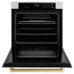 ZLINE Autograph Edition 30 in. Professional True Convection Single Wall Oven with Air Fry and Self Clean in Stainless Steel with Champagne Bronze Handle (WASZ-30-CB) front, open.