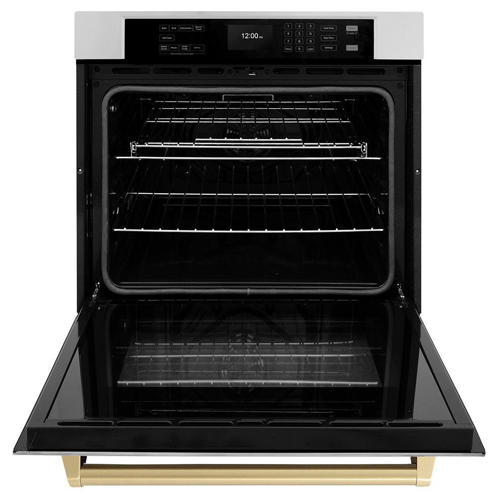 ZLINE Autograph Edition 30 in. Professional True Convection Single Wall Oven with Air Fry and Self Clean in Stainless Steel with Champagne Bronze Handle (WASZ-30-CB) front, open.