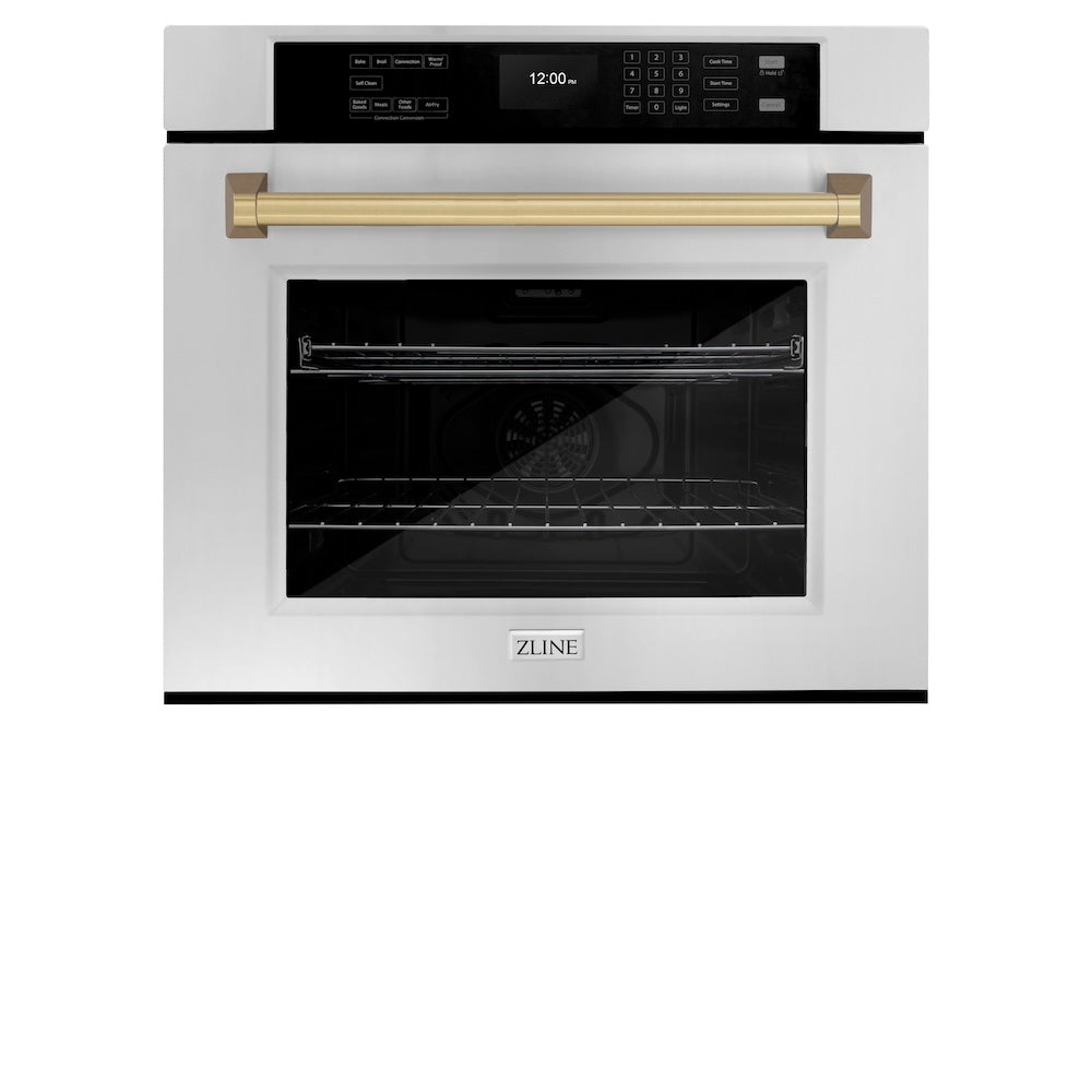 ZLINE Autograph Edition 30 in. Professional True Convection Single Wall Oven with Air Fry and Self Clean in Stainless Steel with Champagne Bronze Handle (WASZ-30-CB) front, closed.