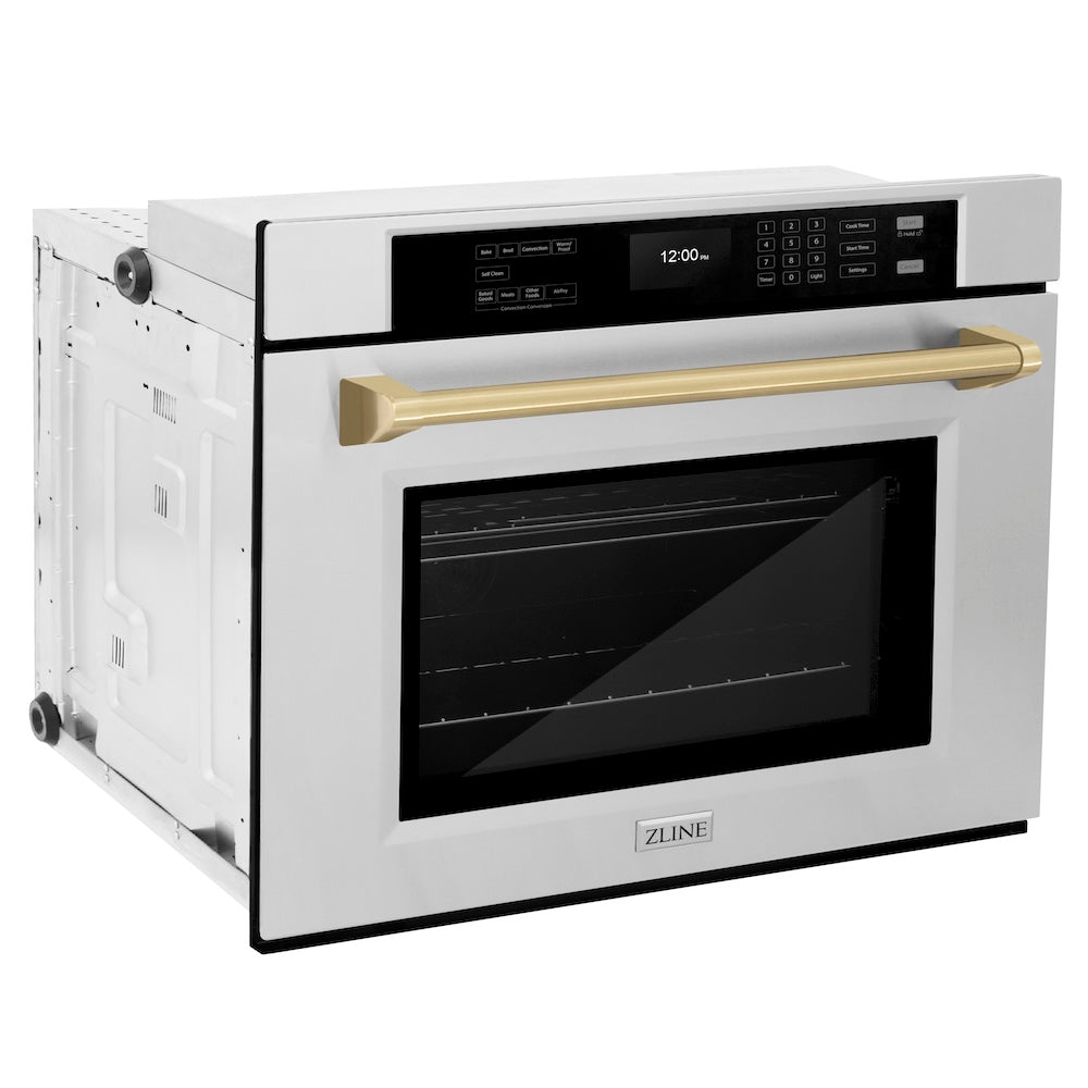 ZLINE Autograph Edition 30 in. Professional True Convection Single Wall Oven with Air Fry and Self Clean in Stainless Steel with Champagne Bronze Handle (WASZ-30-CB) side, oven closed.