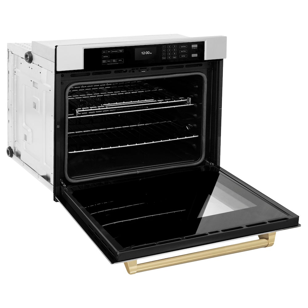 ZLINE Autograph Edition 30 in. Professional True Convection Single Wall Oven with Air Fry and Self Clean in Stainless Steel with Champagne Bronze Handle (WASZ-30-CB) side, oven open.