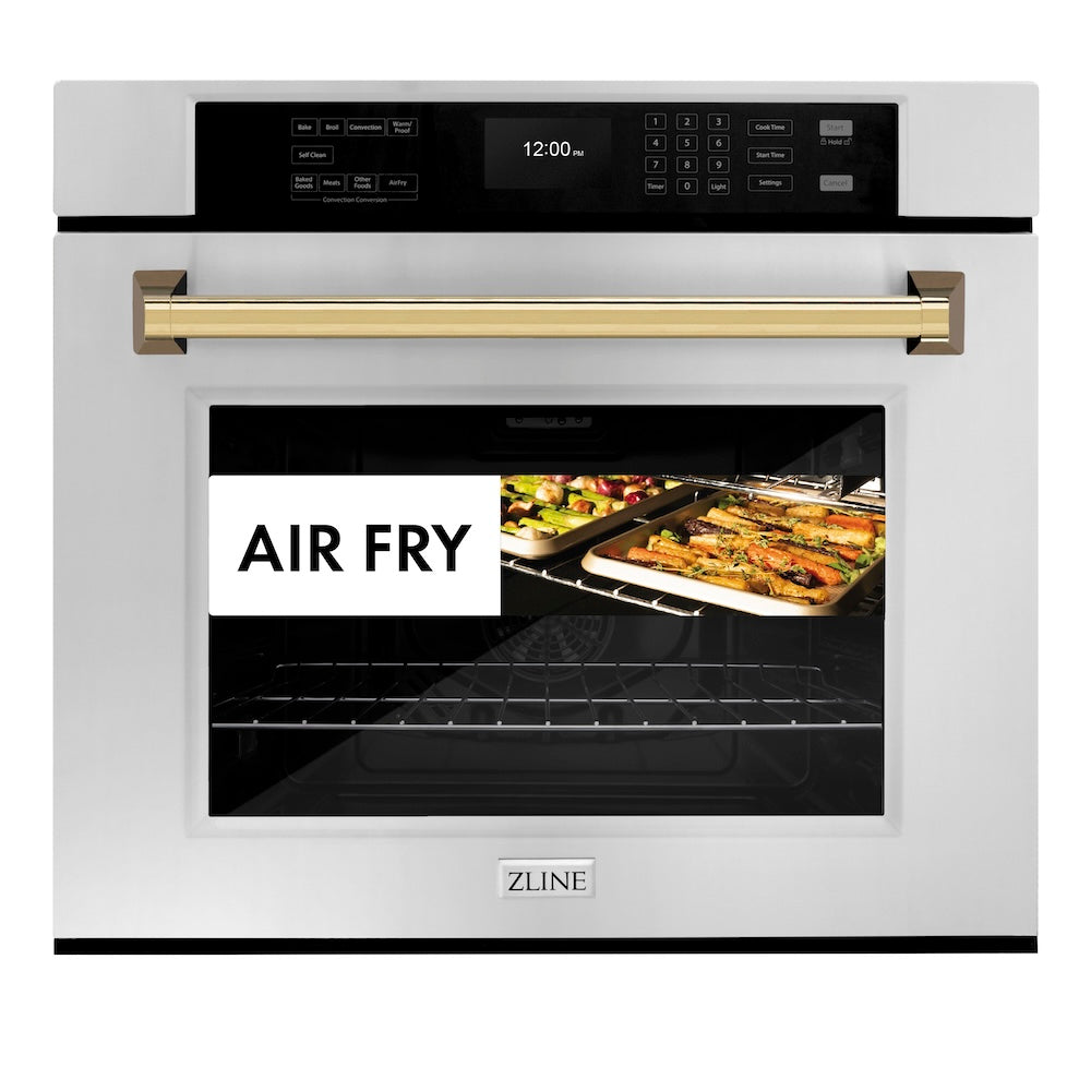 ZLINE Autograph Edition 30 in. Professional True Convection Single Wall Oven with Air Fry and Self Clean in Stainless Steel with Polished Gold Handle (WASZ-30-G) front, closed with food inside. Text: Air Fry