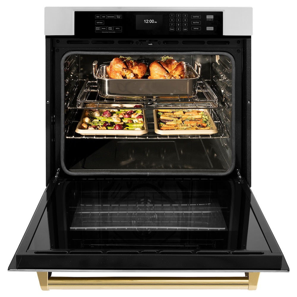 ZLINE Autograph Edition 30 in. Professional True Convection Single Wall Oven with Air Fry and Self Clean in Stainless Steel with Polished Gold Handle (WASZ-30-G) front, open, with food inside oven.