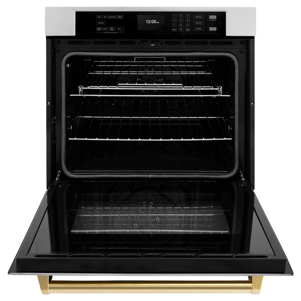 ZLINE Autograph Edition 30 in. Professional True Convection Single Wall Oven with Air Fry and Self Clean in Stainless Steel with Polished Gold Handle (WASZ-30-G) front, open.