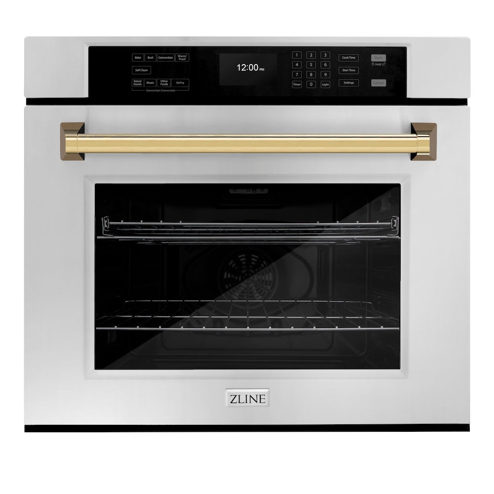 ZLINE Autograph Edition 30 in. Professional True Convection Single Wall Oven with Air Fry and Self Clean in Stainless Steel with Polished Gold Handle (WASZ-30-G) main image.