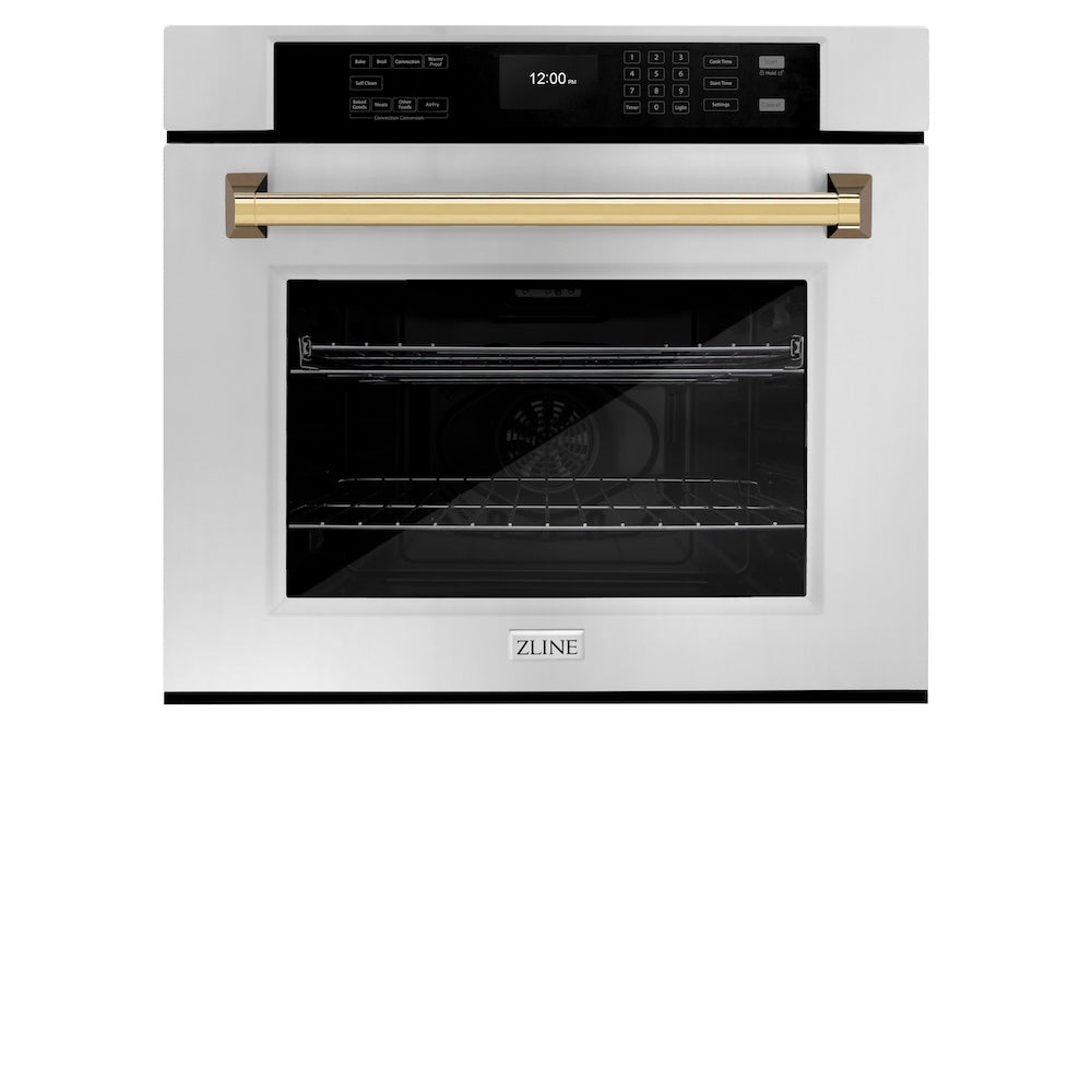 ZLINE Autograph Edition 30 in. Professional True Convection Single Wall Oven with Air Fry and Self Clean in Stainless Steel with Polished Gold Handle (WASZ-30-G) front, closed.