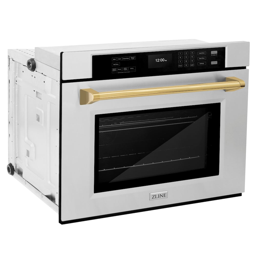 ZLINE Autograph Edition 30 in. Professional True Convection Single Wall Oven with Air Fry and Self Clean in Stainless Steel with Polished Gold Handle (WASZ-30-G) side, oven closed.