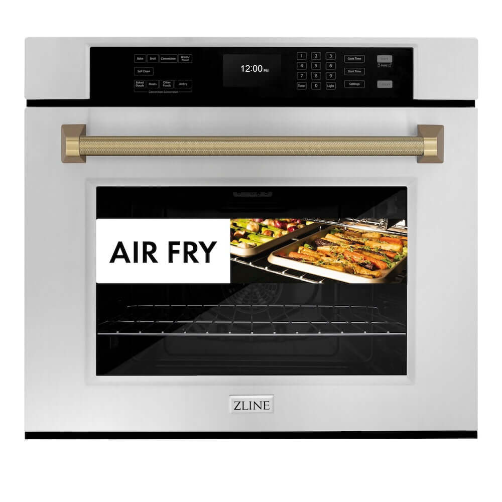 ZLINE Autograph Edition 30 in. Professional True Convection Single Wall Oven with Air Fry and Self Clean in Stainless Steel with Champagne Bronze Helix Handle (WASZ-30-KCB) front, showing air fry capability.