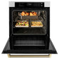 ZLINE Autograph Edition 30 in. Professional True Convection Single Wall Oven with Air Fry and Self Clean in Stainless Steel with Champagne Bronze Helix Handle (WASZ-30-KCB) with open door showing roasted turkey and vegetables.