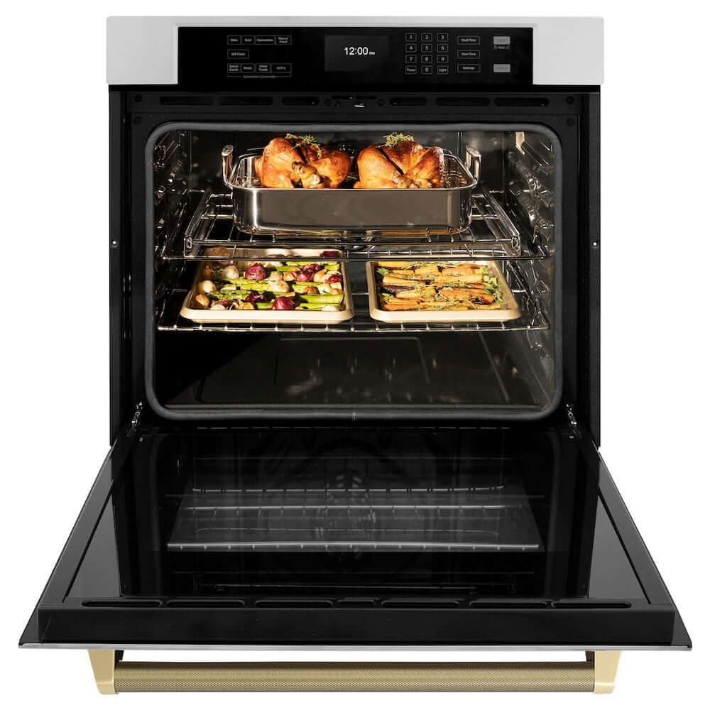 ZLINE Autograph Edition 30 in. Professional True Convection Single Wall Oven with Air Fry and Self Clean in Stainless Steel with Champagne Bronze Helix Handle (WASZ-30-KCB) with open door showing roasted turkey and vegetables.