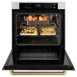 ZLINE Autograph Edition 30 in. Professional True Convection Single Wall Oven with Air Fry and Self Clean in Stainless Steel with Champagne Bronze Helix Handle (WASZ-30-KCB) with open door showing roasted turkey and vegetables.