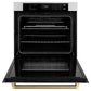ZLINE Autograph Edition 30 in. Professional True Convection Single Wall Oven with Air Fry and Self Clean in Stainless Steel with Champagne Bronze Helix Handle (WASZ-30-KCB) front, open.