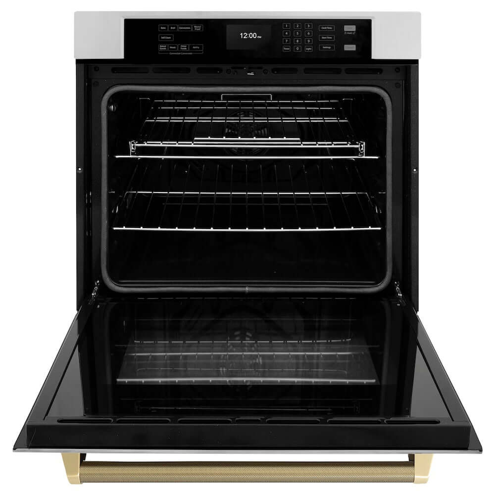 ZLINE Autograph Edition 30 in. Professional True Convection Single Wall Oven with Air Fry and Self Clean in Stainless Steel with Champagne Bronze Helix Handle (WASZ-30-KCB) front, open.