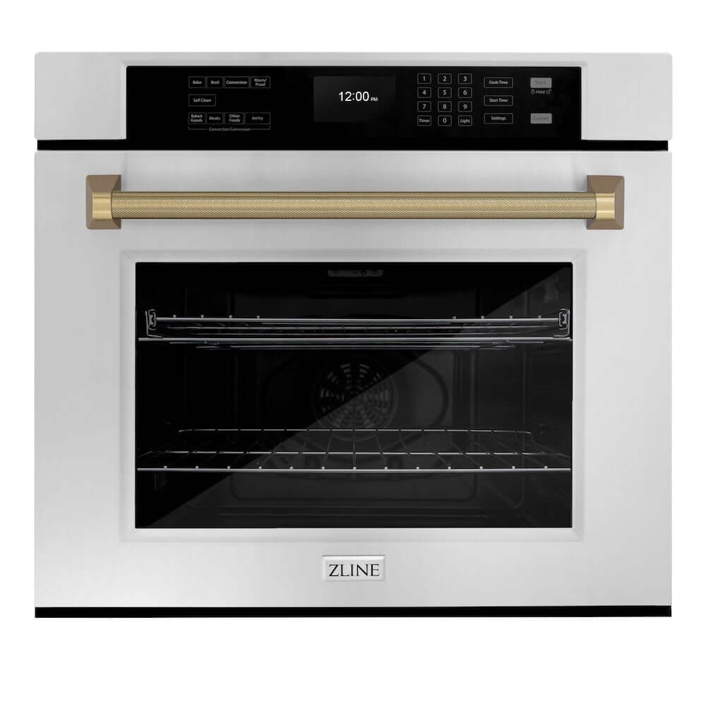 ZLINE Autograph Edition 30 in. Professional True Convection Single Wall Oven with Air Fry and Self Clean in Stainless Steel with Champagne Bronze Helix Handle (WASZ-30-KCB) main image.