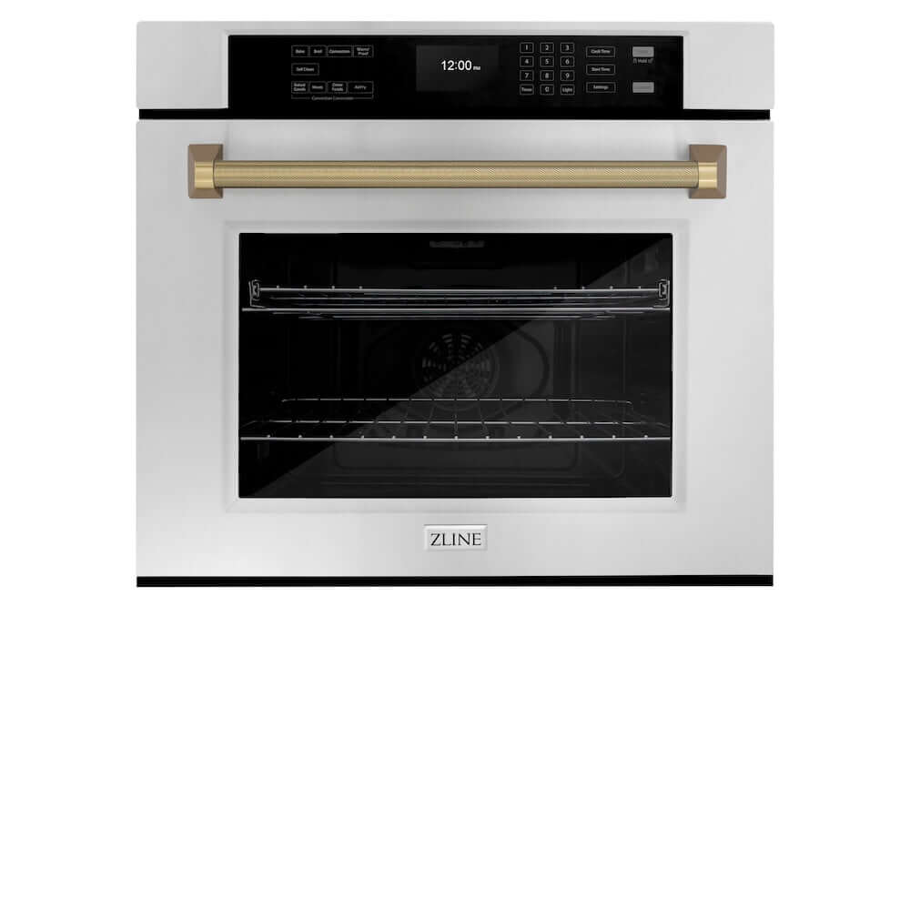 ZLINE Autograph Edition 30 in. Professional True Convection Single Wall Oven with Air Fry and Self Clean in Stainless Steel with Champagne Bronze Helix Handle (WASZ-30-KCB)