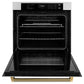 ZLINE Autograph Edition 30 in. Professional True Convection Single Wall Oven with Air Fry and Self Clean in Stainless Steel with Polished Gold Helix Handle (WASZ-30-KG) front, open.