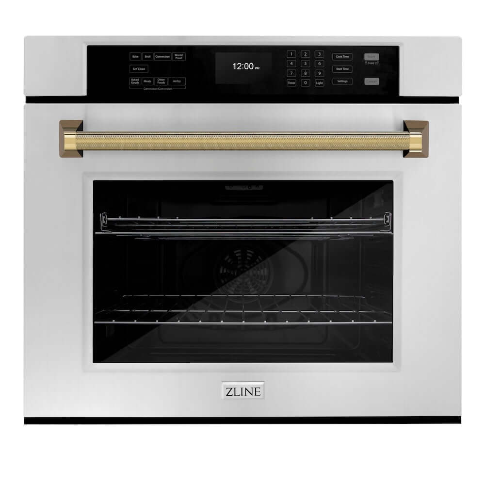 ZLINE Autograph Edition 30 in. Professional True Convection Single Wall Oven with Air Fry and Self Clean in Stainless Steel with Polished Gold Helix Handle (WASZ-30-KG) main image.