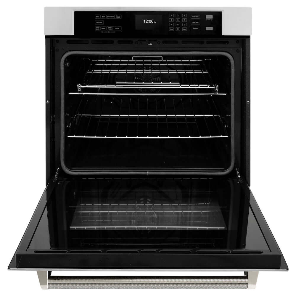 ZLINE Autograph Edition 30 in. Professional True Convection Single Wall Oven with Air Fry and Self Clean in Stainless Steel with Polished Nickel Helix Handle (WASZ-30-KPN) front, open.