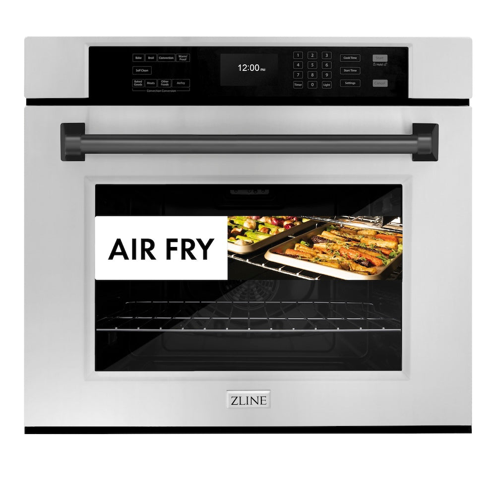 ZLINE Autograph Edition 30 in. Professional True Convection Single Wall Oven with Air Fry and Self Clean in Stainless Steel with Matte Black Handle (WASZ-30-MB) front, closed with food inside. Text: Air Fry