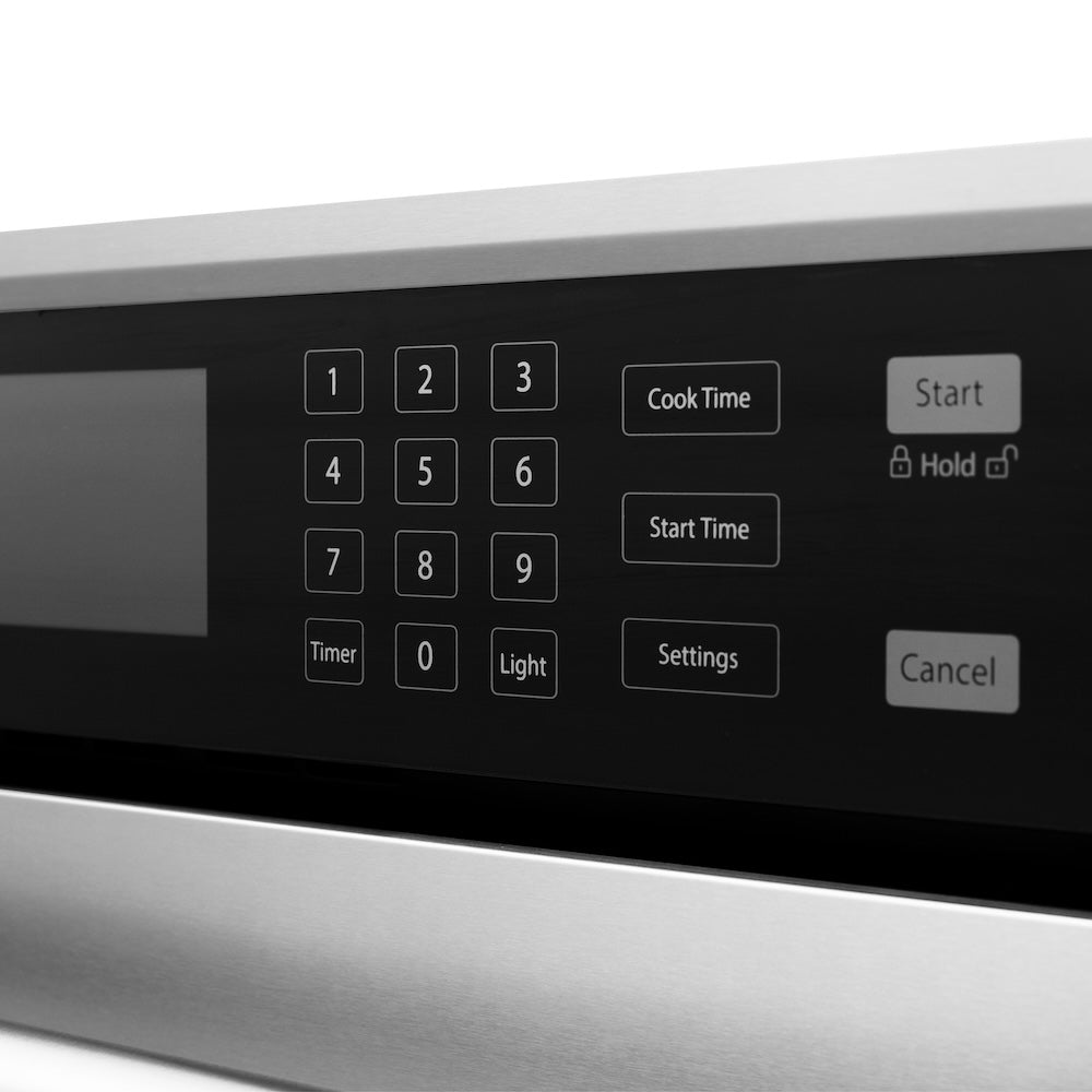 ZLINE Autograph Edition 30 in. Professional True Convection Single Wall Oven with Air Fry and Self Clean in Stainless Steel with Matte Black Handle (WASZ-30-MB) close-up detail, cook time settings and start button.