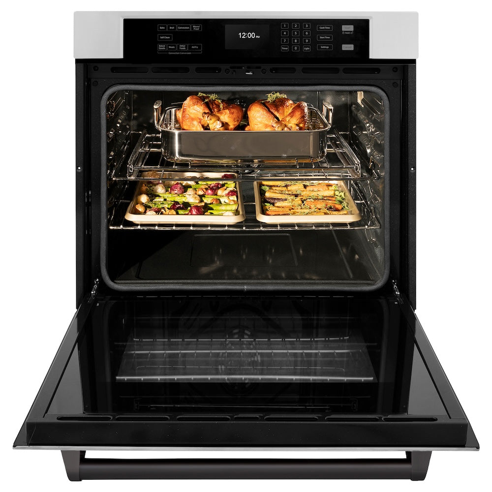 ZLINE Autograph Edition 30 in. Professional True Convection Single Wall Oven with Air Fry and Self Clean in Stainless Steel with Matte Black Handle (WASZ-30-MB) front, open, with food inside.