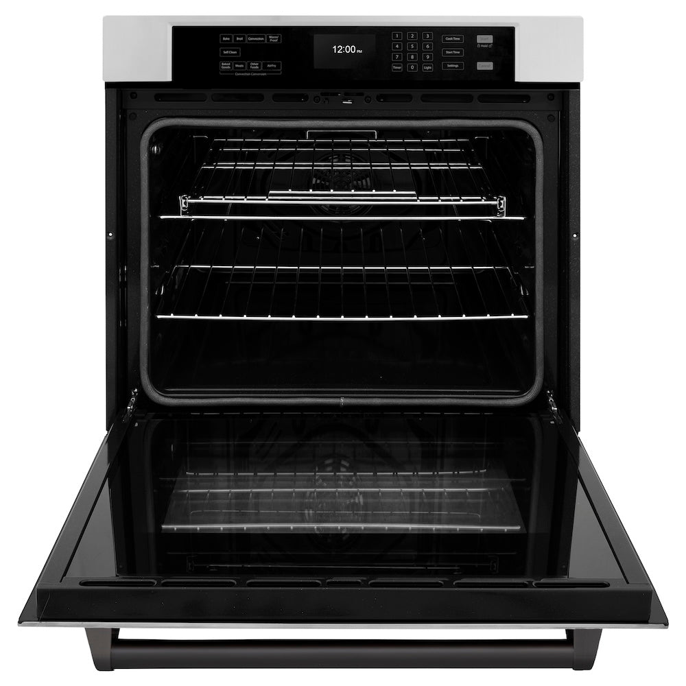 ZLINE Autograph Edition 30 in. Professional True Convection Single Wall Oven with Air Fry and Self Clean in Stainless Steel with Matte Black Handle (WASZ-30-MB) front, open.