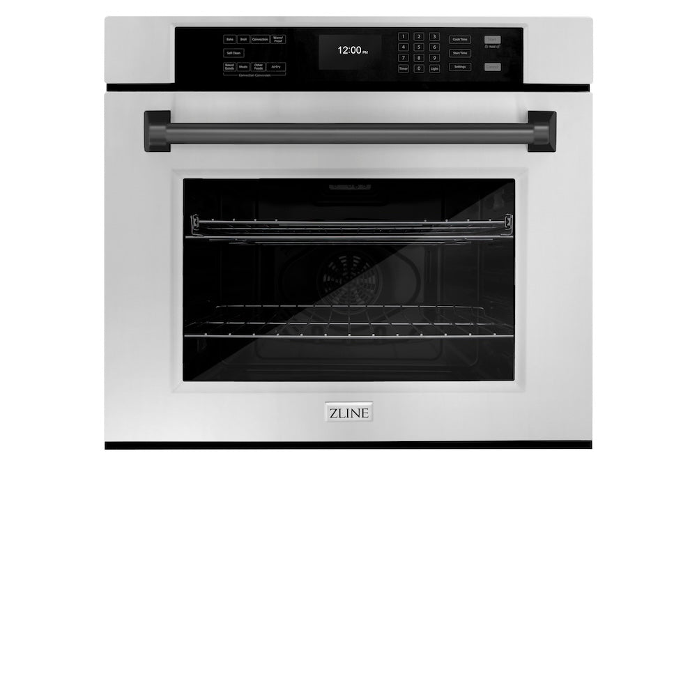 ZLINE Autograph Edition 30 in. Professional True Convection Single Wall Oven with Air Fry and Self Clean in Stainless Steel with Matte Black Handle (WASZ-30-MB) front, closed.