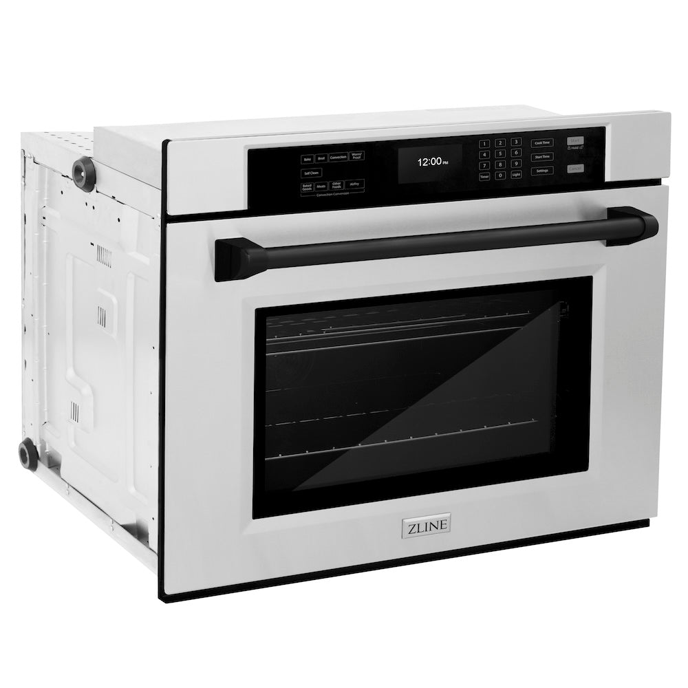 ZLINE Autograph Edition 30 in. Professional True Convection Single Wall Oven with Air Fry and Self Clean in Stainless Steel with Matte Black Handle (WASZ-30-MB) side, oven closed.