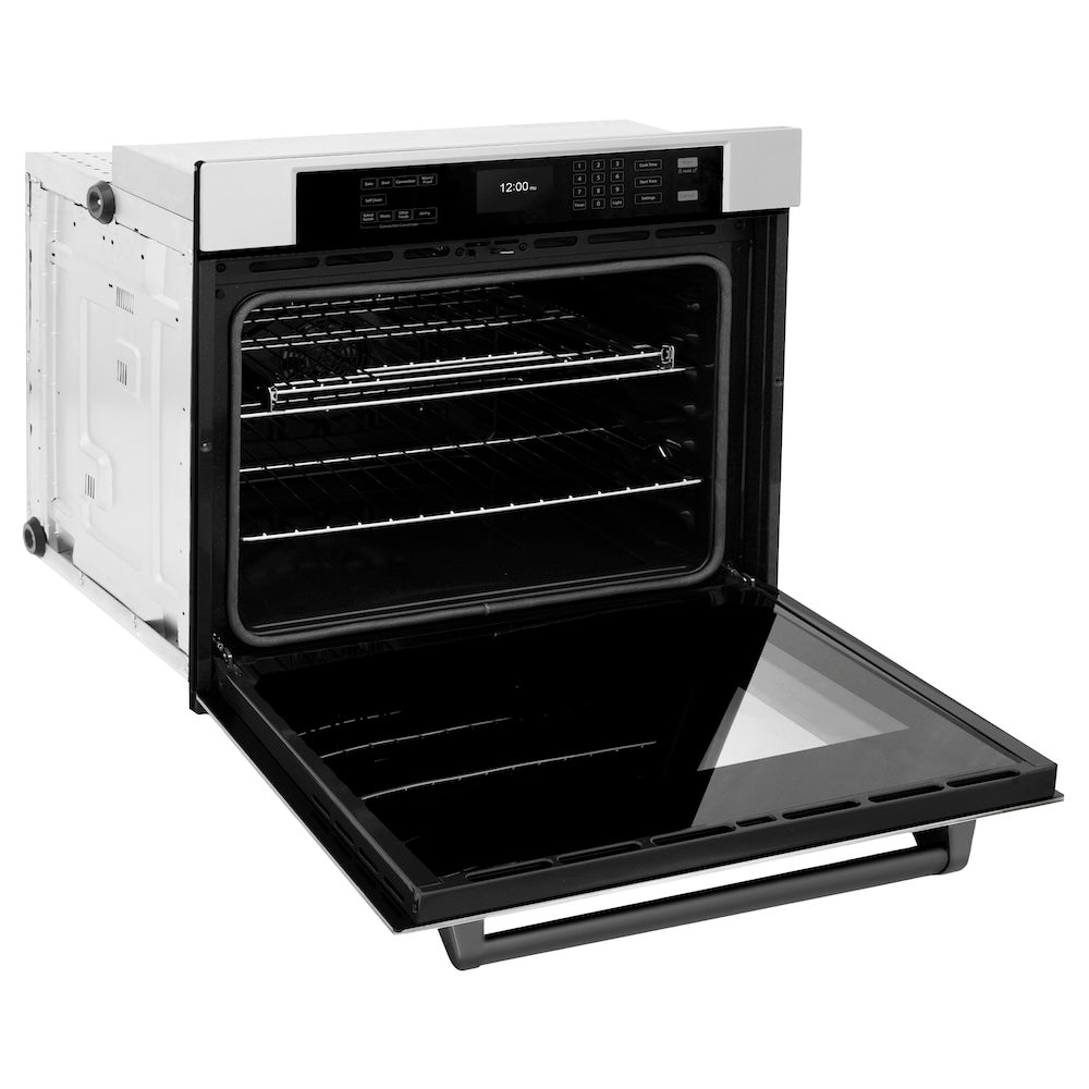 ZLINE Autograph Edition 30 in. Professional True Convection Single Wall Oven with Air Fry and Self Clean in Stainless Steel with Matte Black Handle (WASZ-30-MB) side, oven open.