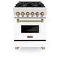 ZLINE Autograph Edition 24 in. 2.8 cu. ft. Legacy Dual Fuel Range with 4 Burner Gas Cooktop and Electric Convection Oven in Stainless Steel with White Matte Door and Champagne Bronze Accents (RAZ-WM-24-CB) front, oven closed.