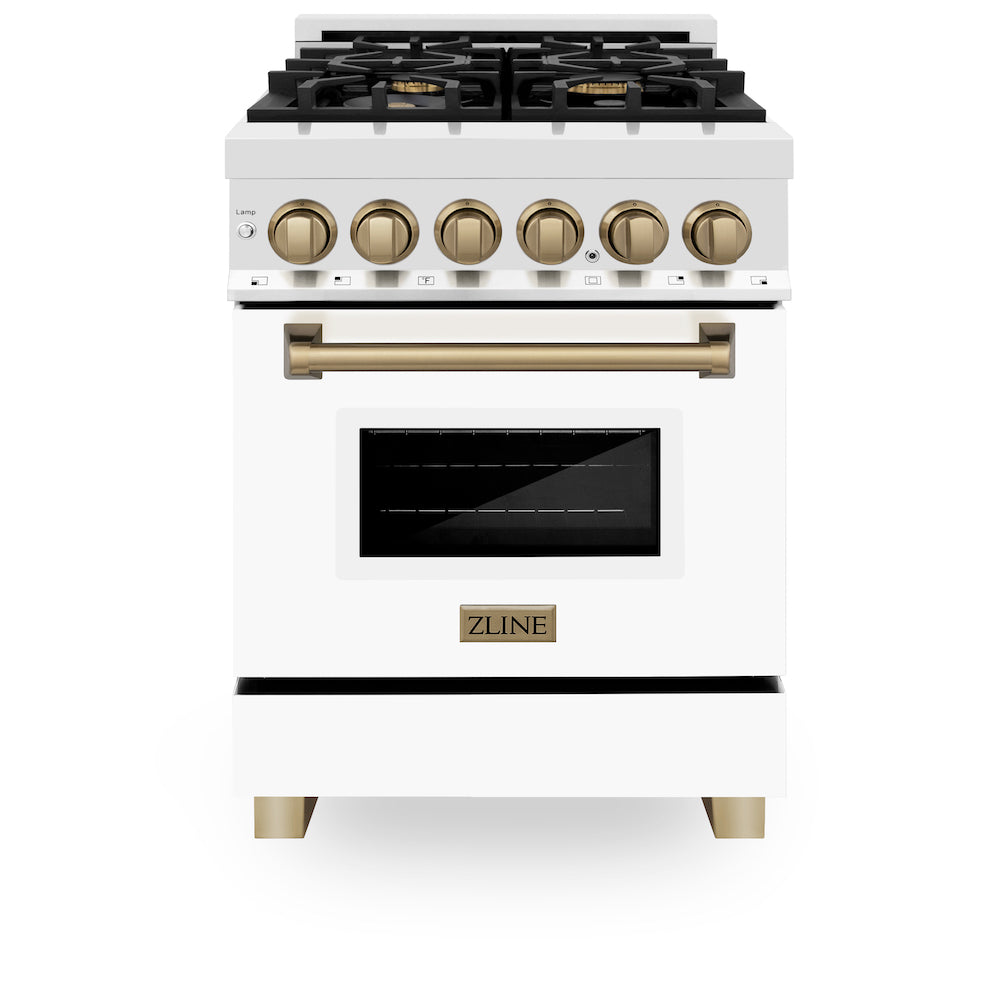 ZLINE Autograph Edition 24 in. 2.8 cu. ft. Legacy Dual Fuel Range with 4 Burner Gas Cooktop and Electric Convection Oven in Stainless Steel with White Matte Door and Champagne Bronze Accents (RAZ-WM-24-CB) front, oven closed.