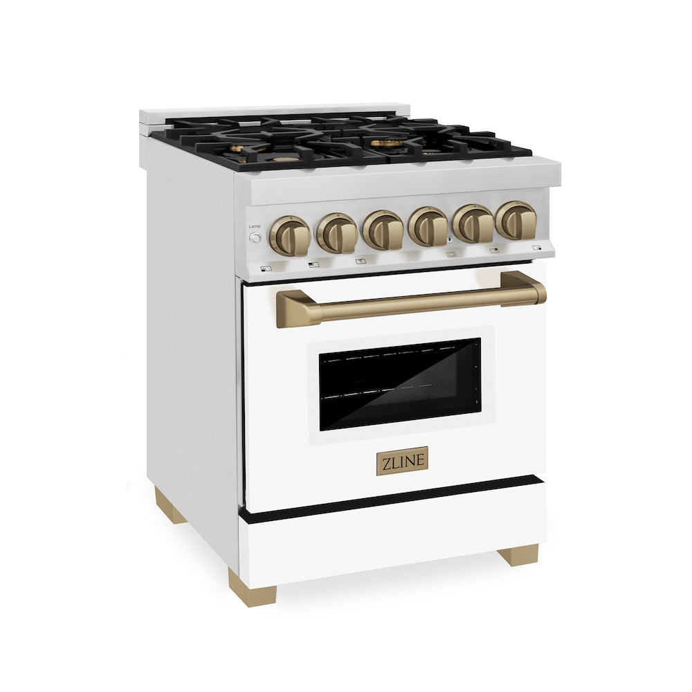 ZLINE Autograph Edition 24 in. 2.8 cu. ft. Legacy Dual Fuel Range with 4 Burner Gas Cooktop and Electric Convection Oven in Stainless Steel with White Matte Door and Champagne Bronze Accents (RAZ-WM-24-CB)