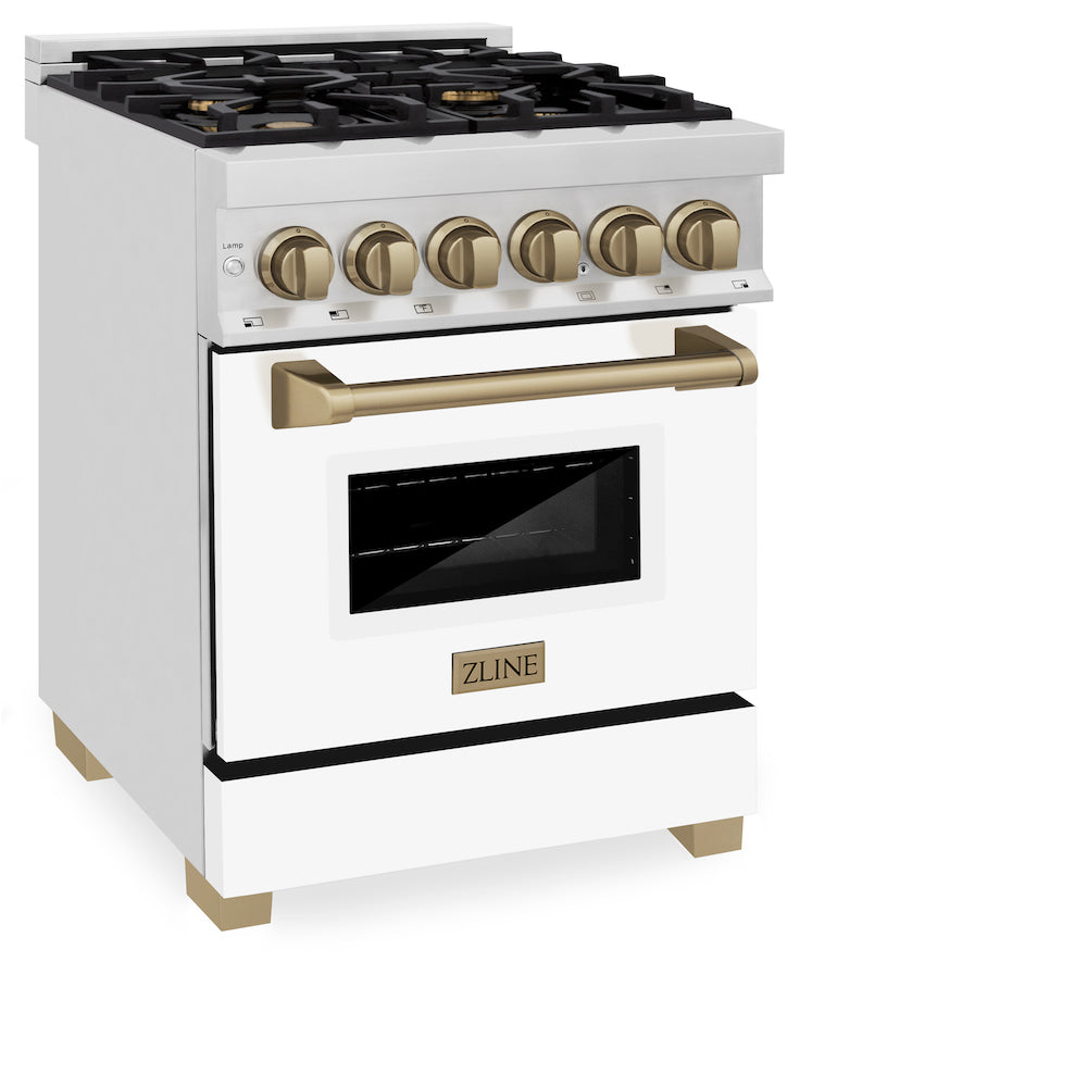 ZLINE Autograph Edition 24 in. 2.8 cu. ft. Legacy Dual Fuel Range with 4 Burner Gas Cooktop and Electric Convection Oven in Stainless Steel with White Matte Door and Champagne Bronze Accents (RAZ-WM-24-CB) side, oven closed.