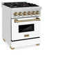 ZLINE Autograph Edition 24 in. 2.8 cu. ft. Legacy Dual Fuel Range with 4 Burner Gas Cooktop and Electric Convection Oven in Stainless Steel with White Matte Door and Champagne Bronze Accents (RAZ-WM-24-CB) side, oven closed.