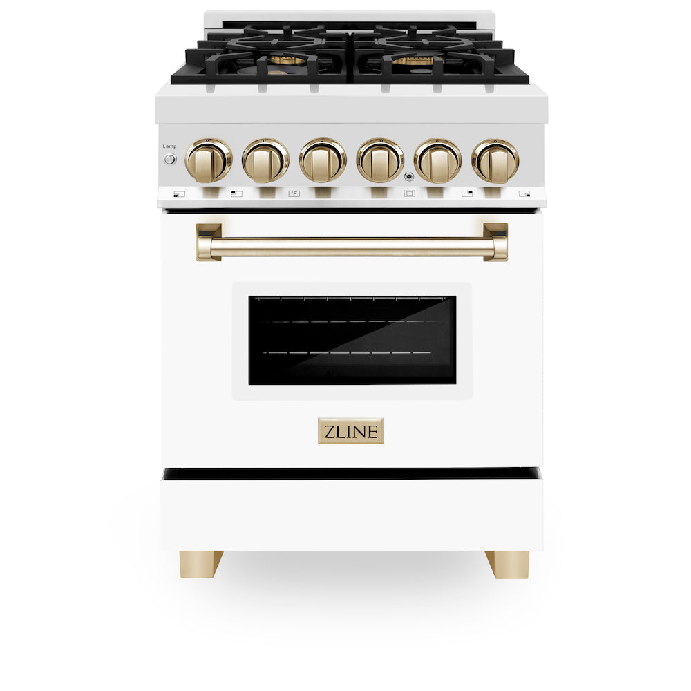 ZLINE Autograph Edition 24 in. 2.8 cu. ft. Dual Fuel Range with Gas Stove and Electric Oven in Stainless Steel with White Matte Door and Polished Gold Accents (RAZ-WM-24-G) front, oven closed.