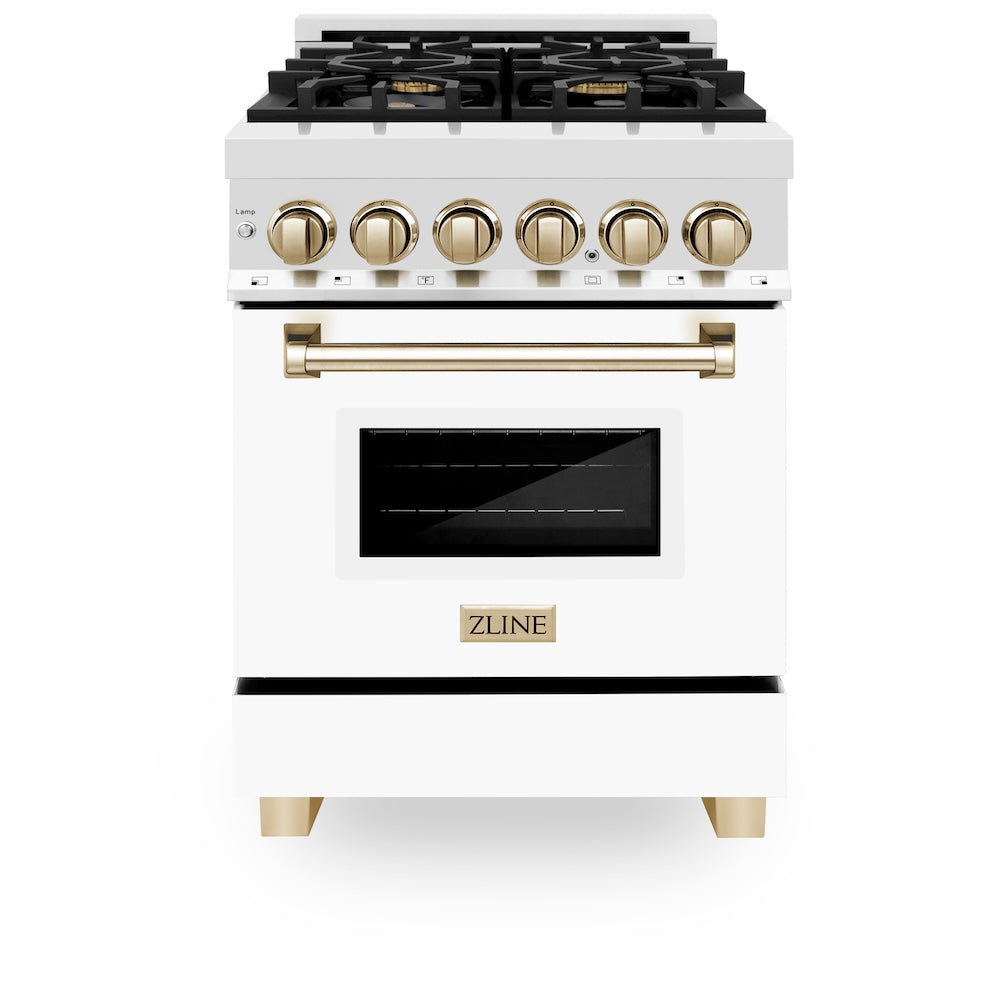ZLINE Autograph Edition 24 in. 2.8 cu. ft. Legacy Dual Fuel Range with 4 Burner Gas Cooktop and Electric Convection Oven in Stainless Steel with White Matte Door and Polished Gold Accents, Open Box-Good Condition