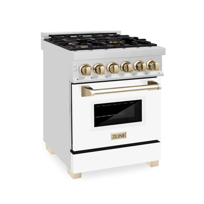 ZLINE Autograph Edition 24 in. 2.8 cu. ft. Legacy Dual Fuel Range with 4 Burner Gas Cooktop and Electric Convection Oven in Stainless Steel with White Matte Door and Polished Gold Accents, Open Box-Good Condition