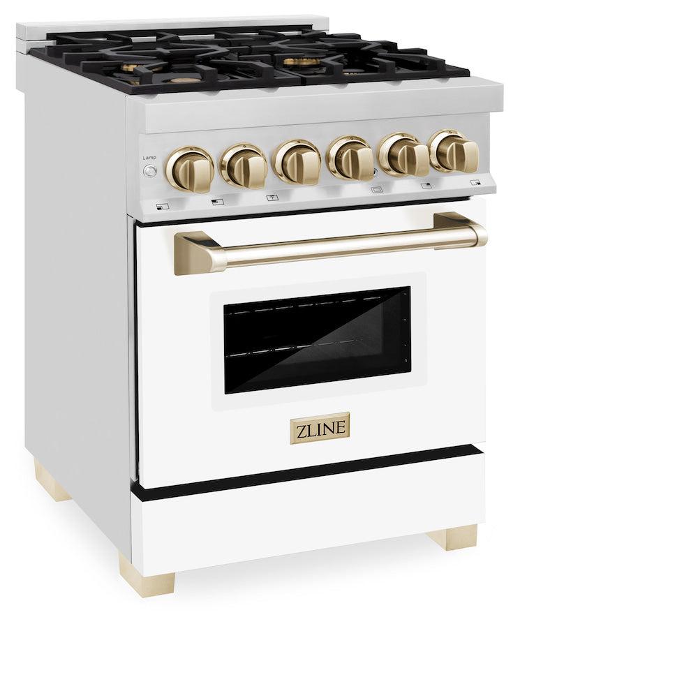 ZLINE Autograph Edition 24 in. 2.8 cu. ft. Legacy Dual Fuel Range with 4 Burner Gas Cooktop and Electric Convection Oven in Stainless Steel with White Matte Door and Polished Gold Accents (RAZ-WM-24-G) side, oven closed.