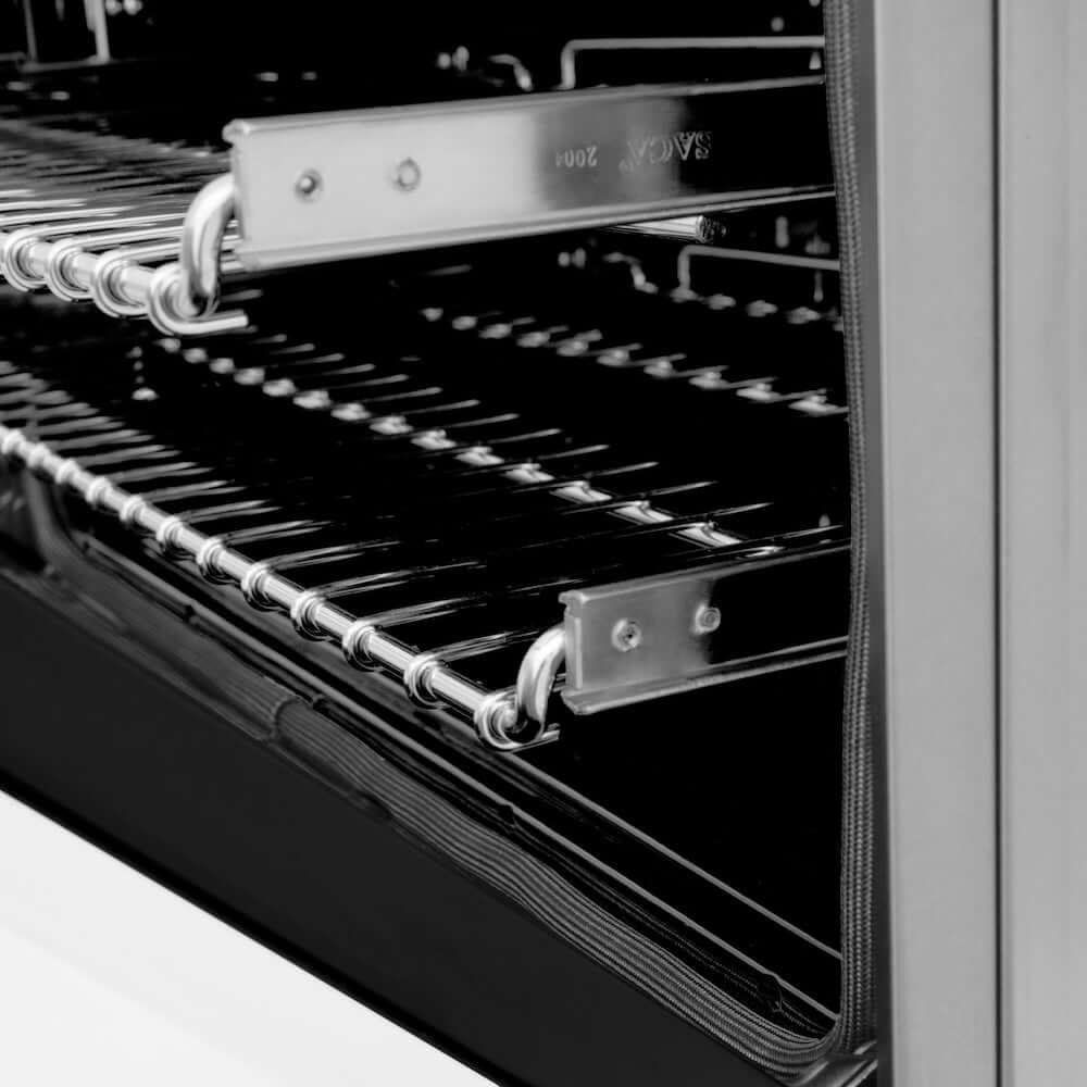 ZLINE Autograph Edition 24 in. 2.8 cu. ft. Dual Fuel Range with Gas Stove and Electric Oven in Stainless Steel with White Matte Door and Matte Black Accents (RAZ-WM-24-MB) side, close-up SmoothGlide adjustable racks inside oven.