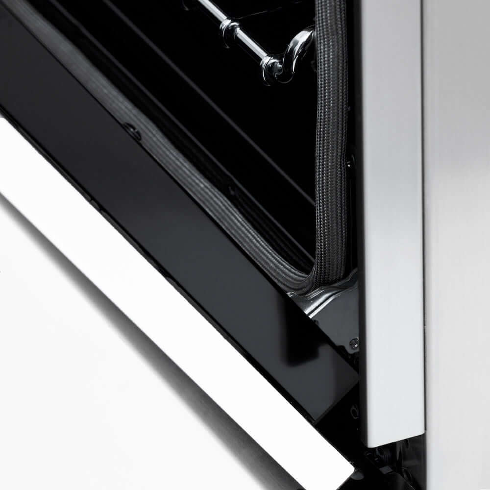 ZLINE Autograph Edition 24 in. 2.8 cu. ft. Legacy Dual Fuel Range with 4 Burner Gas Cooktop and Electric Convection Oven in Stainless Steel with White Matte Door and Matte Black Accents (RAZ-WM-24-MB) detail StayPut oven door hinges.