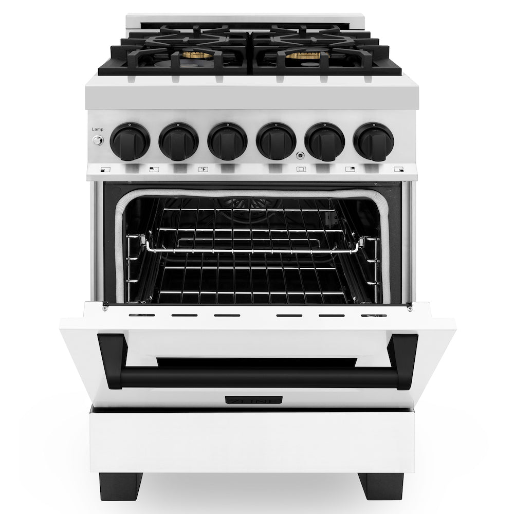 ZLINE Autograph Edition 24 in. 2.8 cu. ft. Dual Fuel Range with Gas Stove and Electric Oven in Stainless Steel with White Matte Door and Matte Black Accents (RAZ-WM-24-MB) front, oven half open.