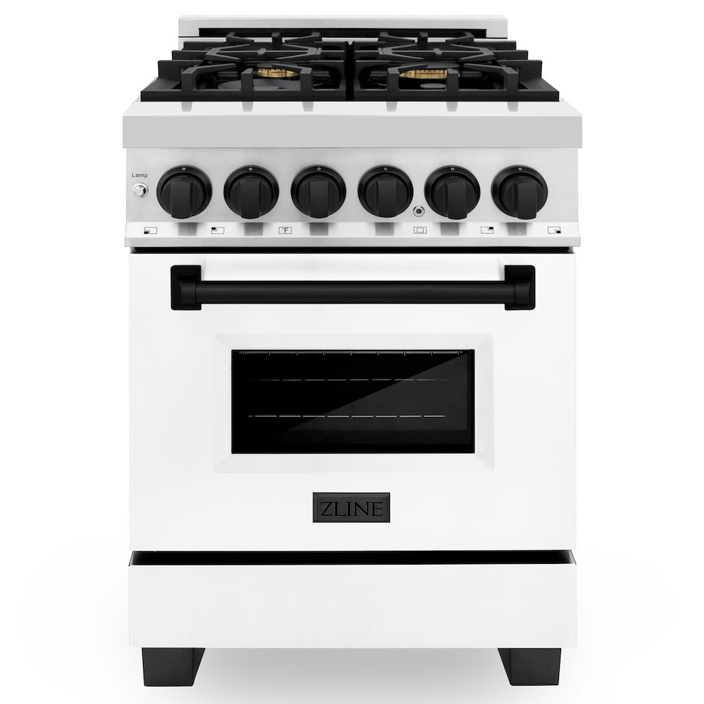 ZLINE Autograph Edition 24 in. 2.8 cu. ft. Dual Fuel Range with Gas Stove and Electric Oven in Stainless Steel with White Matte Door and Matte Black Accents (RAZ-WM-24-MB) front, oven closed.
