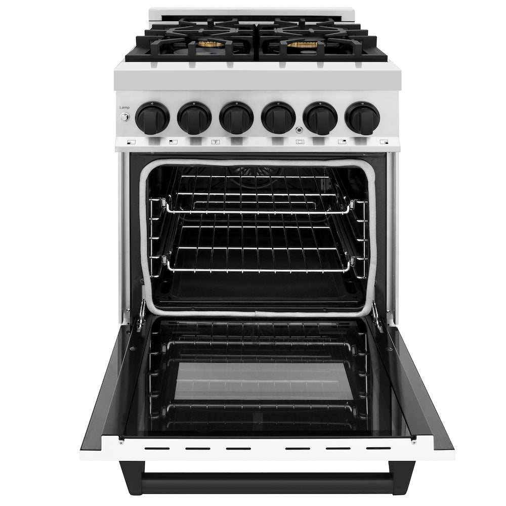 ZLINE Autograph Edition 24 in. 2.8 cu. ft. Legacy Dual Fuel Range with 4 Burner Gas Cooktop and Electric Convection Oven in Stainless Steel with White Matte Door and Matte Black Accents (RAZ-WM-24-MB) front, oven open.