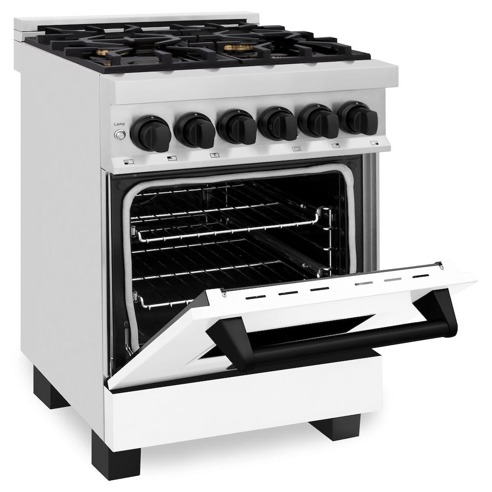 ZLINE Autograph Edition 24 in. 2.8 cu. ft. Legacy Dual Fuel Range with 4 Burner Gas Cooktop and Electric Convection Oven in Stainless Steel with White Matte Door and Matte Black Accents, Open Box-Good Condition