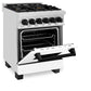 ZLINE Autograph Edition 24 in. 2.8 cu. ft. Legacy Dual Fuel Range with 4 Burner Gas Cooktop and Electric Convection Oven in Stainless Steel with White Matte Door and Matte Black Accents (RAZ-WM-24-MB) side, oven half open.
