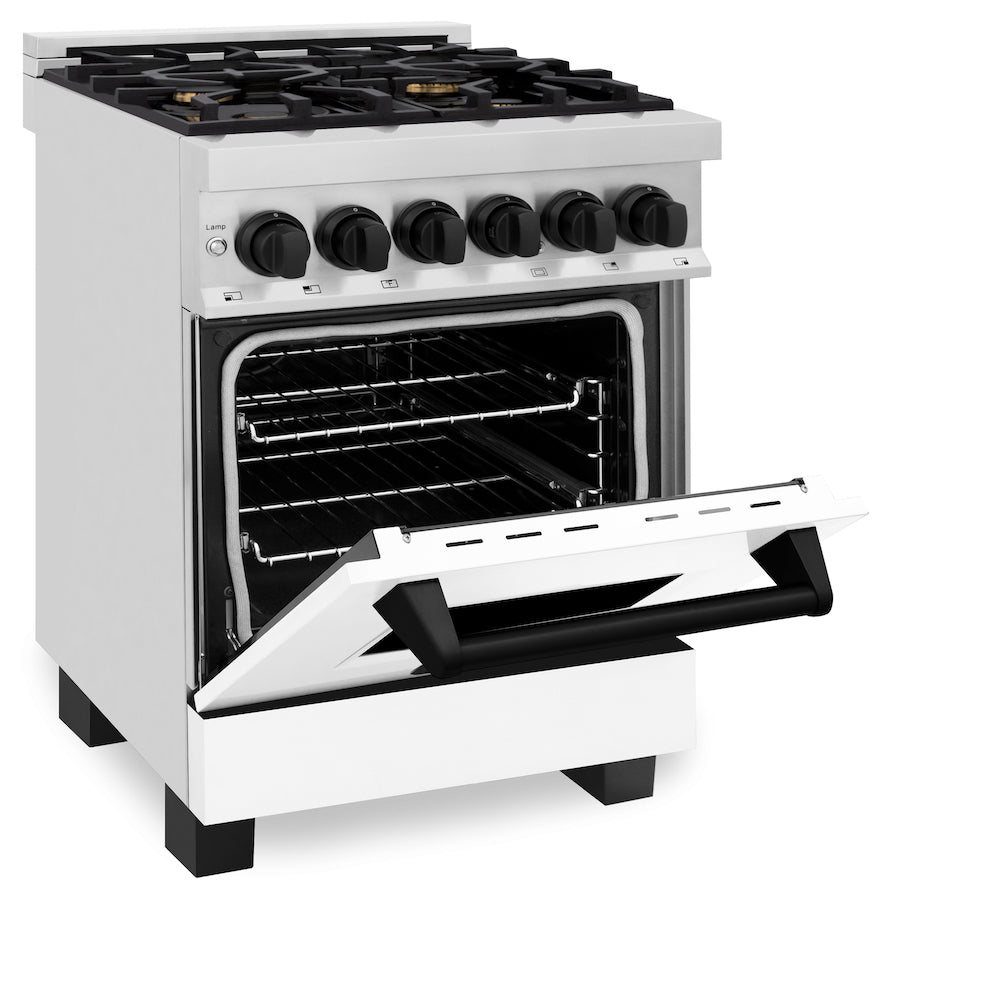 ZLINE Autograph Edition 24 in. 2.8 cu. ft. Legacy Dual Fuel Range with 4 Burner Gas Cooktop and Electric Convection Oven in Stainless Steel with White Matte Door and Matte Black Accents (RAZ-WM-24-MB) side, oven half open.