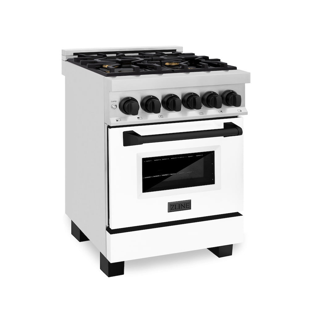 ZLINE Autograph Edition 24 in. 2.8 cu. ft. Dual Fuel Range with Gas Stove and Electric Oven in Stainless Steel with White Matte Door and Matte Black Accents (RAZ-WM-24-MB) side, oven closed.