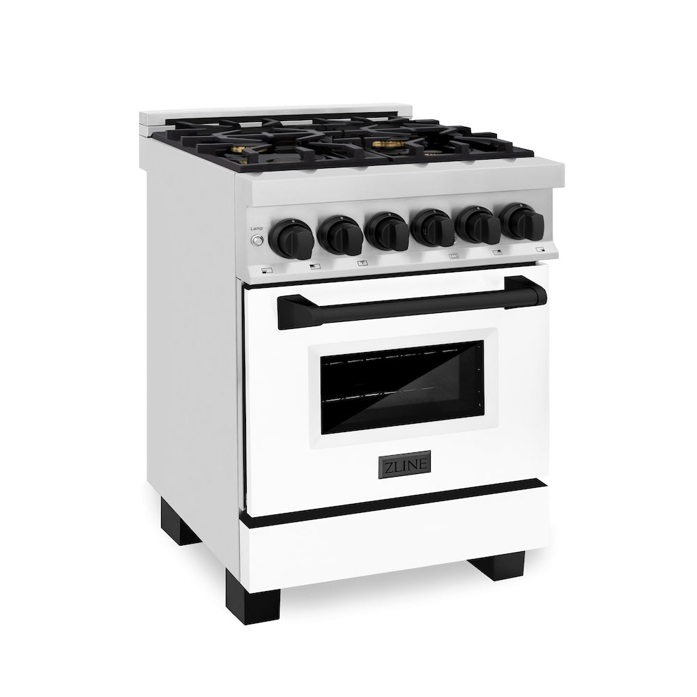 ZLINE Autograph Edition 24 in. 2.8 cu. ft. Legacy Dual Fuel Range with 4 Burner Gas Cooktop and Electric Convection Oven in Stainless Steel with White Matte Door and Matte Black Accents (RAZ-WM-24-MB) side, oven closed.